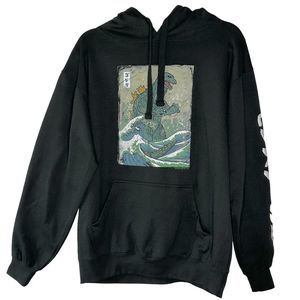 Milltex Godzilla in Waves Unisex Black Pullover Hoodie Size L Drawstring  EUC